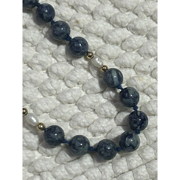 Blue Stone Bead Necklace With Fresh Water Pearl Accents 36” - Picture 2 of 6